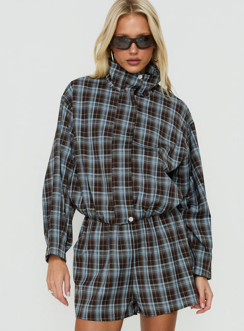 Lunna Funnel Neck Jacket Blue / Brown Check