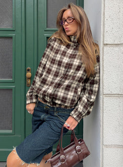 Khodana Funnel Neck Button Down Jacket Brown Check