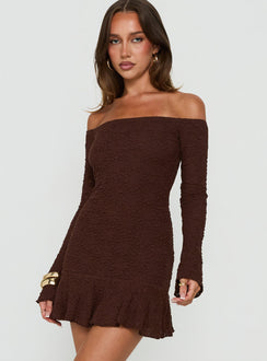 Vancesca Off Shoulder Long Sleeve Mini Dress Chocolate