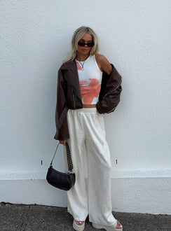 front view of model wearing Princess Polly Louis Linen Blend Pants White Petite Pants 