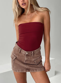 back view of model wearing Princess Polly Niner Strapless Bodysuit Burgundy Petite Sleeveless Bodysuit 