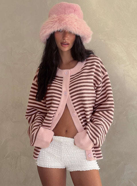 front view of model wearing Princess Polly Darnelle Button Up Knit Cardigan Pink Stripe Longline Jumpers Jumpers 