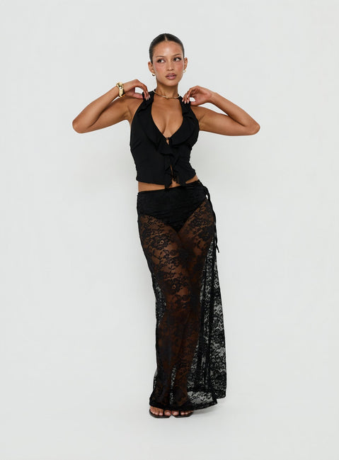 Showcasing the Marenya Lace Maxi Skirt Black in womens-skirts, featuring fitted silhouette with floral details and a-line shape front view of model wearing Princess Polly