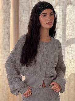 back view of model wearing Princess Polly Baleigh Cable Knit Cardigan Grey Jumpers 