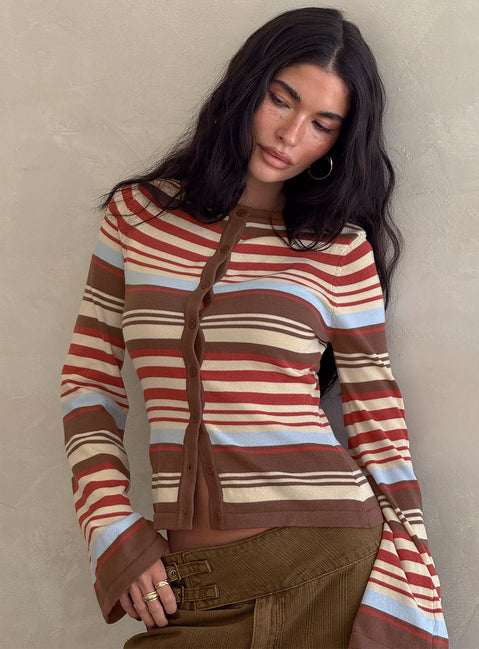 back view of model wearing Princess Polly Milda Knit Cardigan Multi Stripe 