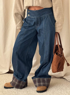 Nikoletta Foldover Jeans Dark Wash / Check Mid Rise Jeans Jeans 