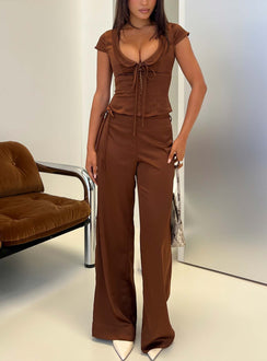 Showcasing the Aubrette Satin Tie Pants Chocolate in womens-regular-pants with high-rise wide-leg design front view of model wearing Princess Polly