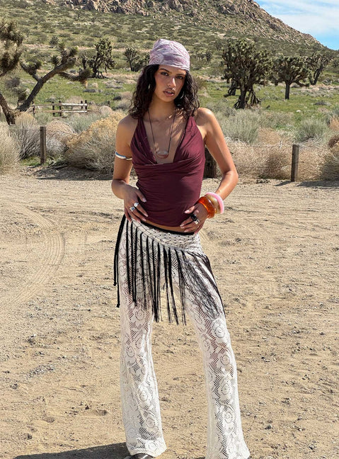 front view of model wearing Princess Polly Rosadonna Lace Flare Pants Cream Mid Rise Pants 
