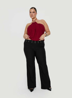 Showcasing the Yevina Eyelet Flare Pant Black Curve womens-regular-pants with mid-rise front view of model wearing Princess Polly