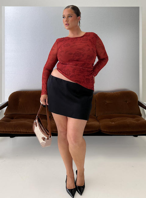   front view of model wearing Princess Polly Nadya Satin Tailored Mini Skirt Black Curve 