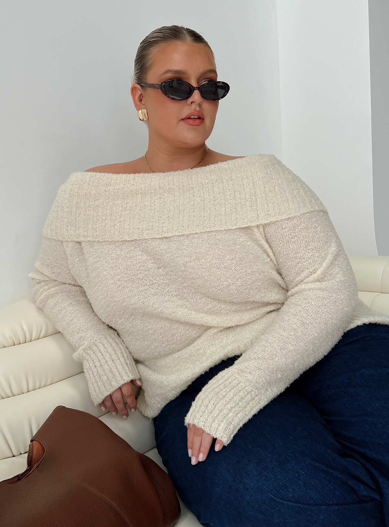 side view of model wearing Princess Polly Parkley Boucle Off The Shoulder Cream Curve 