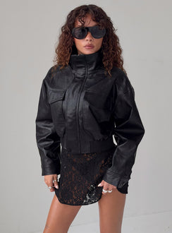 Ace Player Funnel Neck Faux Leather Jacket Black