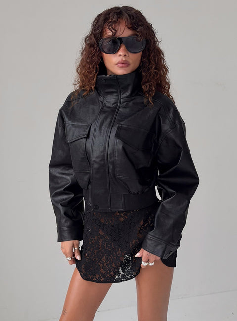 Ace Player Funnel Neck Faux Leather Jacket Black