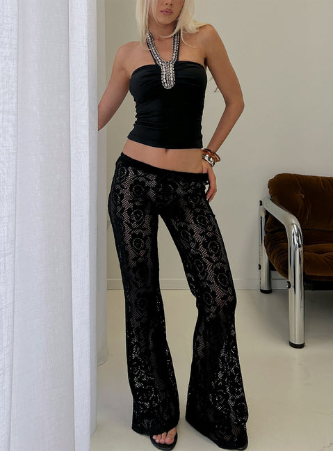 front view of model wearing Princess Polly Rosadonna Lace Flare Pants Black Low Rise Pants 