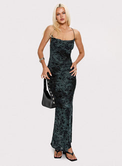 front view of model wearing Princess Polly Giorgiana Maxi Dress Black Cowl Neck 