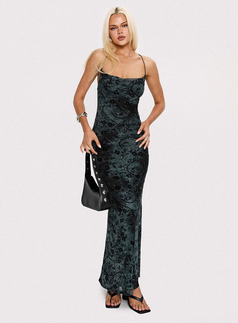 front view of model wearing Princess Polly Giorgiana Maxi Dress Black Cowl Neck 