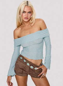 front view of model wearing Princess Polly Back With Love Off Shoulder Long Sleeve Top Blue Full Sleeves straight 