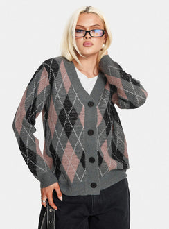 back view of model wearing Princess Polly Zeeva Button Through Knit Cardigan Grey Argyle Long 