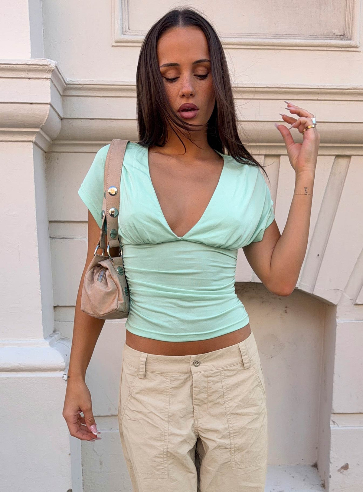 Mattey Cinched V Neck Top Turquoise