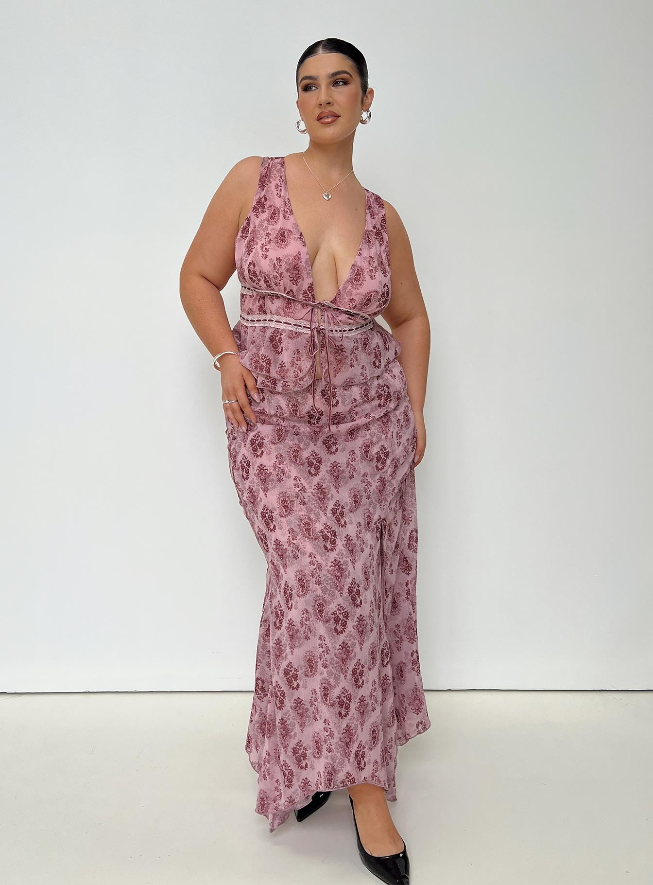 back view of model wearing Princess Polly Nikolise Maxi Skirt Purple Curve Maxi 