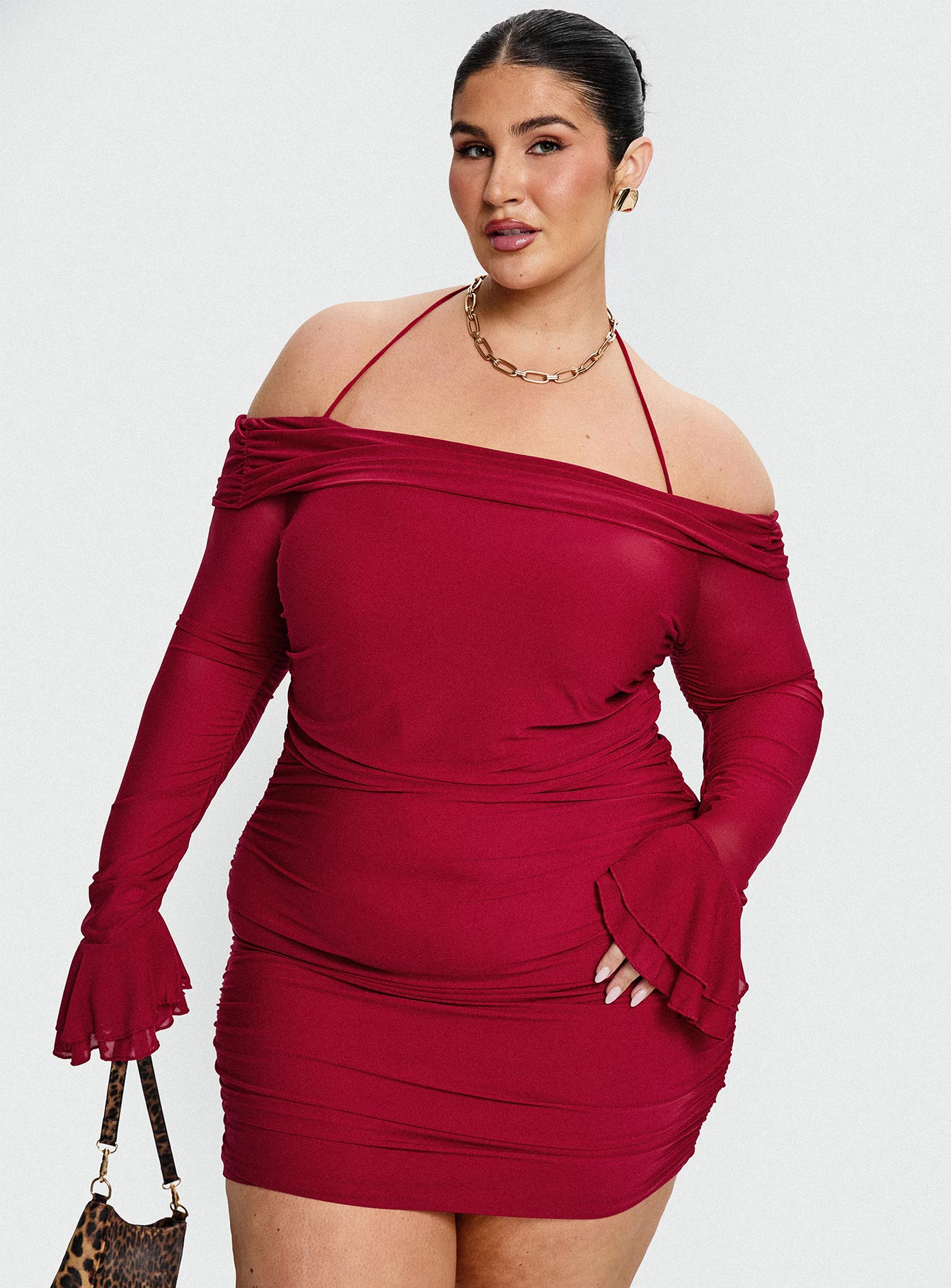 front view of model wearing Princess Polly Taylon Off The Shoulder Mini Dress Red Curve Straight Neck 