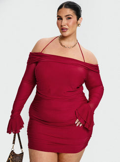 front view of model wearing Princess Polly Taylon Off The Shoulder Mini Dress Red Curve Straight Neck 