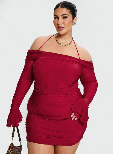 front view of model wearing Princess Polly Taylon Off The Shoulder Mini Dress Red Curve Straight Neck 