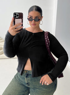 front view of model wearing Princess Polly Kortez Long Sleeve Zip Through Top Black Curve Full Sleeves Crew Neck 