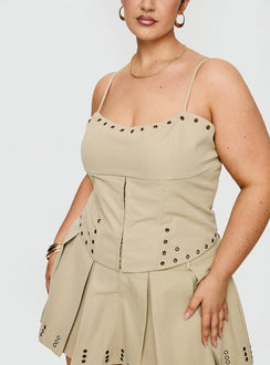 side view of model wearing Princess Polly Alinzia Eyelet Corset Top Beige Curve Sleeveless Square Neck 