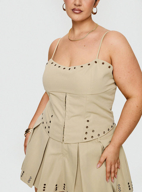 side view of model wearing Princess Polly Alinzia Eyelet Corset Top Beige Curve Sleeveless Square Neck 