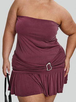 back view of model wearing Princess Polly Love Lingers Strapless Mini Dress Burgundy Curve Straight Neck 