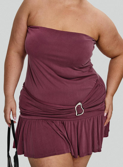 back view of model wearing Princess Polly Love Lingers Strapless Mini Dress Burgundy Curve Straight Neck 
