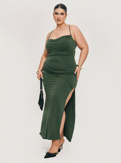 back view of model wearing Princess Polly Marchesi Cupro Maxi Dress Green Curve Cowl Neck 