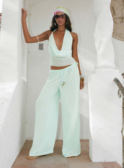 front view of model wearing Princess Polly Distinction Chiffon Pants Aqua Mid Rise Pants 