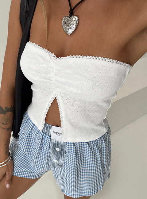 back view of model wearing Princess Polly Brekke Strapless Top White Sleeveless Sweetheart 