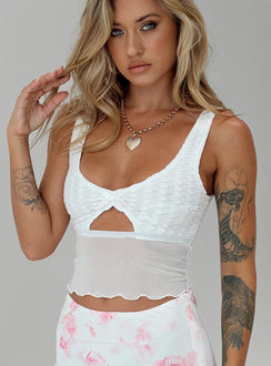 front view of model wearing Princess Polly Marcellus Top White Sleeveless Plunger 
