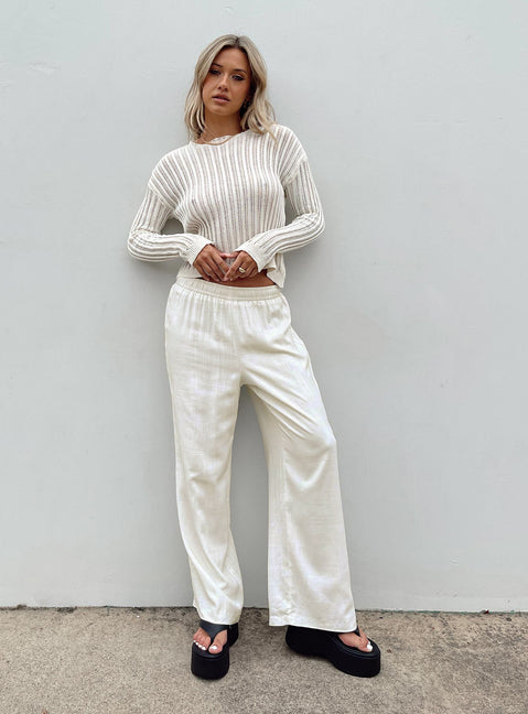 front view of model wearing Princess Polly Louis Linen Blend Pants White Petite Pants 