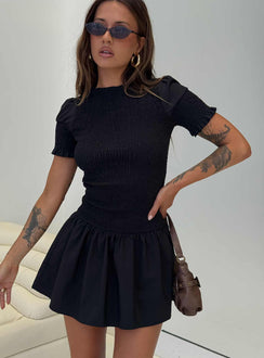 front view of model wearing Princess Polly Laurita Shirred Mini Dress Black High Neck 