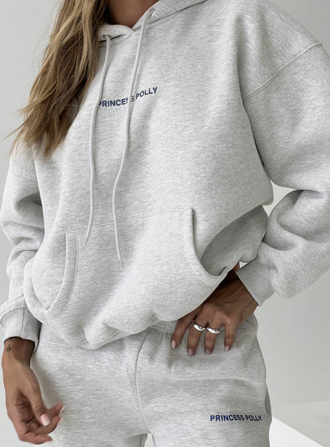 front view of model wearing Princess Polly Princess Polly Hooded Sweatshirt Bubble Text Grey Marle / Slate Jumpers 