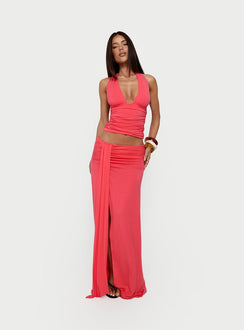 Showcasing the Keerah Ruched Maxi Skirt Guava in coral with womens-skirts category featuring maxi length front view of model wearing Princess Polly