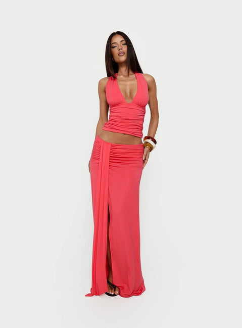 Showcasing the Keerah Ruched Maxi Skirt Guava in coral with womens-skirts category featuring maxi length front view of model wearing Princess Polly