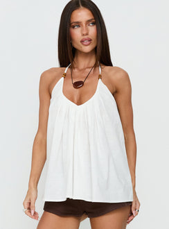 Kitra Flowy Bead Detail Tie Neck Top White