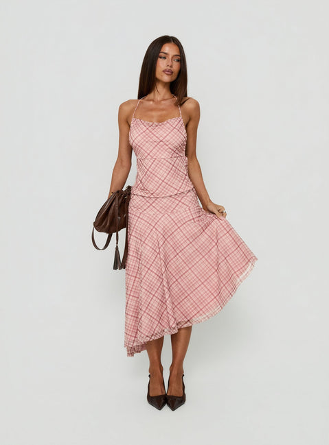 Showcasing the Waverlee Asymmetrical Midi Skirt Pink Check in womens-skirts category with fitted and ruched details front view of model wearing Princess Polly