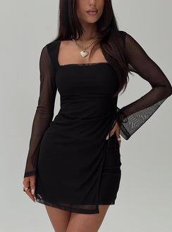 front view of model wearing Princess Polly Martinez Long Sleeve Mini Dress Black Square Neck 