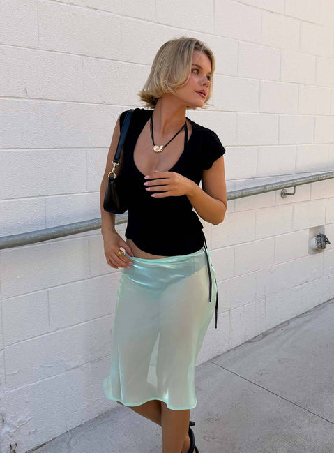 Showcasing the Sidori Sheer Midi Skirt Jelly Mint in womens-skirts with midi length side view of model wearing Princess Polly