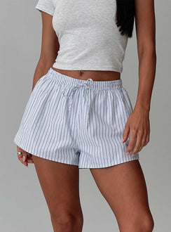 back view of model wearing Princess Polly Nautique Drawstring Shorts Blue Stripe High Waisted Shorts 