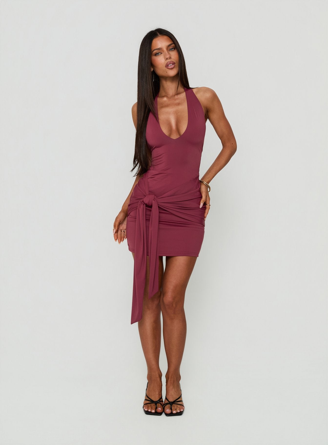 Poppee Halter Tie Detail Mini Dress Burgundy