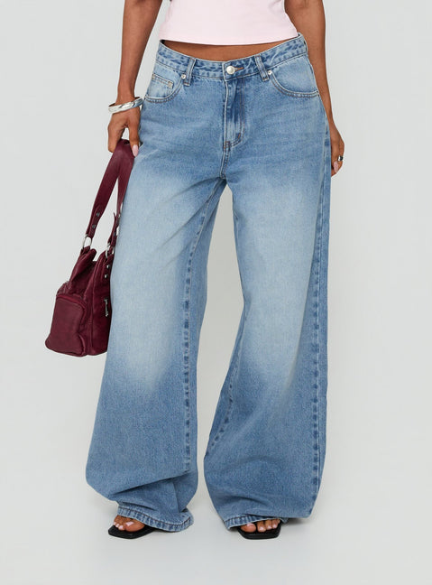 Lokura Low Rise Super Baggy Jeans Vintage Mid Blue Wash