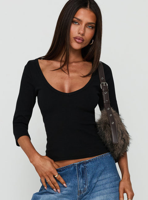 Baseline Rib V Neck 3/4 Sleeve Top Black