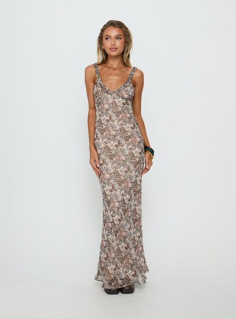 Baley Bias Cut Frill Maxi Dress Paisley